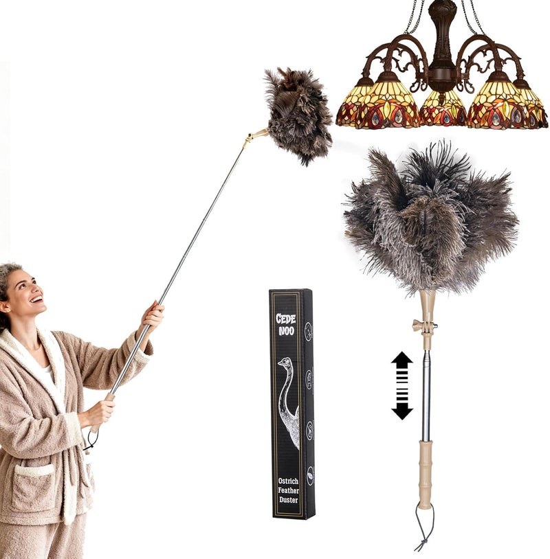 Cede noo Extendable Ostrich Feather Duster, Natural Ostrich Feathers Long Handle Duster for Cleaning, 47” Soft & Fluffy Feather Duster for High Ceilings, Fans, Walls, Furniture, Home Dusting(A11-Ivory) - Image 1